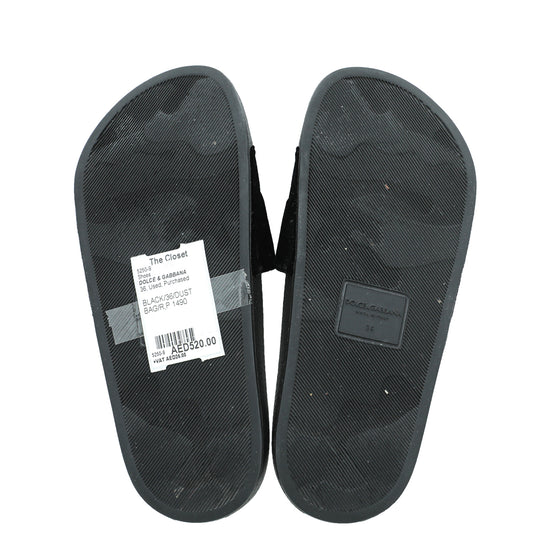 Dolce & Gabbana Black Velvet Luxury Hotel Slide Sandals 36