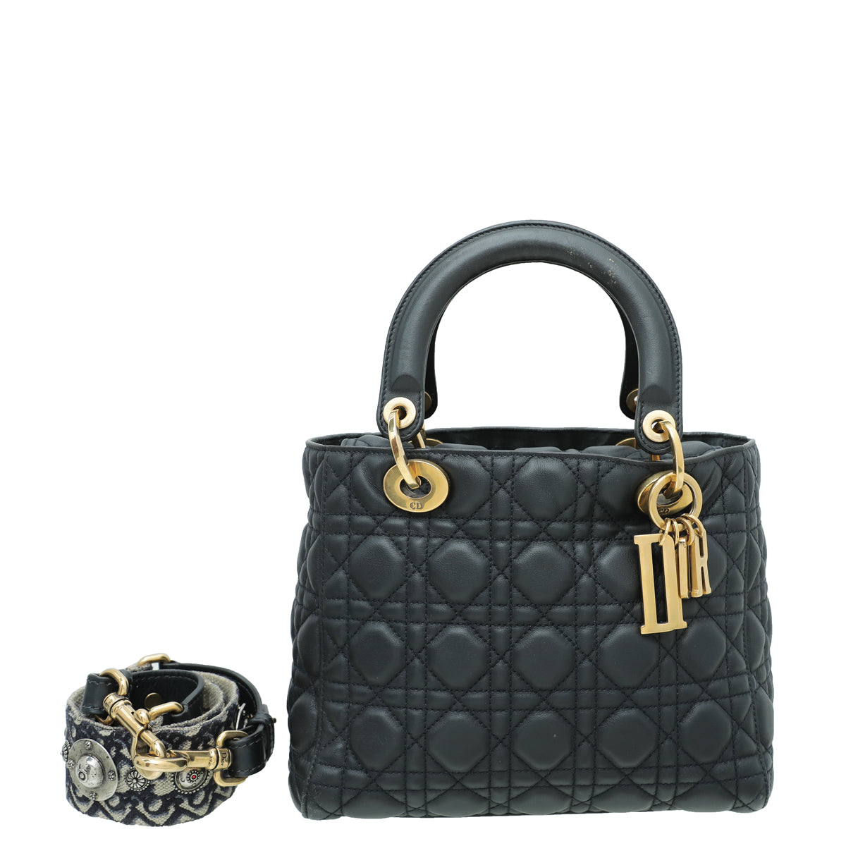 Christian Dior Indigo Blue Lady Dior Supple Medium Bag w/Medalion Strap-Christian Dior-THE CLOSET