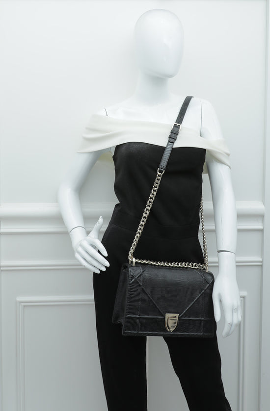 Christian Dior Black Lizard Diorama Medium Bag