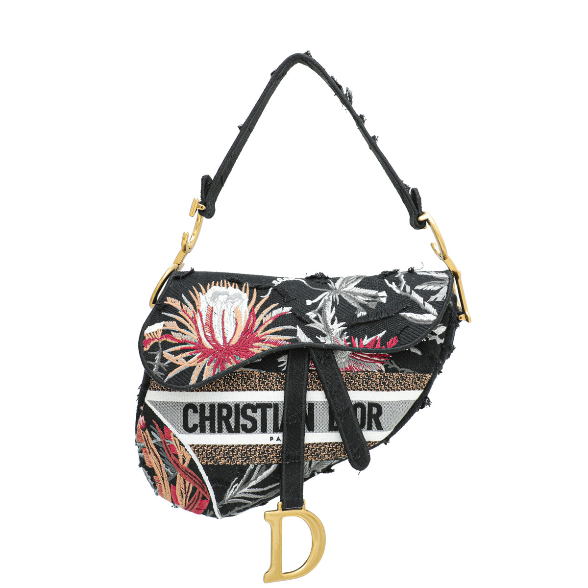 Christian Dior Black Multicolor Embroidered Camouflage Flowers Saddle Medium Bag-Christian Dior-THE CLOSET