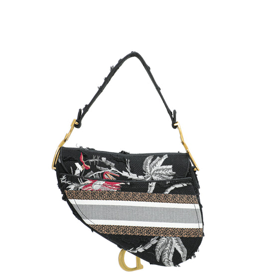 Christian Dior Black Multicolor Embroidered Camouflage Flowers Saddle Medium Bag