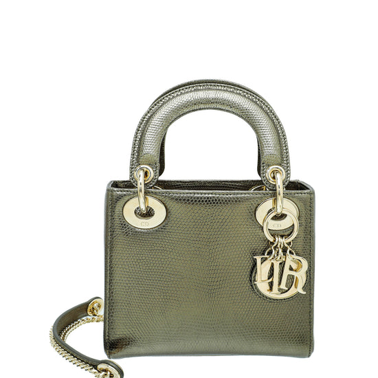 λ Christian Dior Metallic Gold Python Mini Lady Dior Bag DIOR charm  silver tone hardware17 w