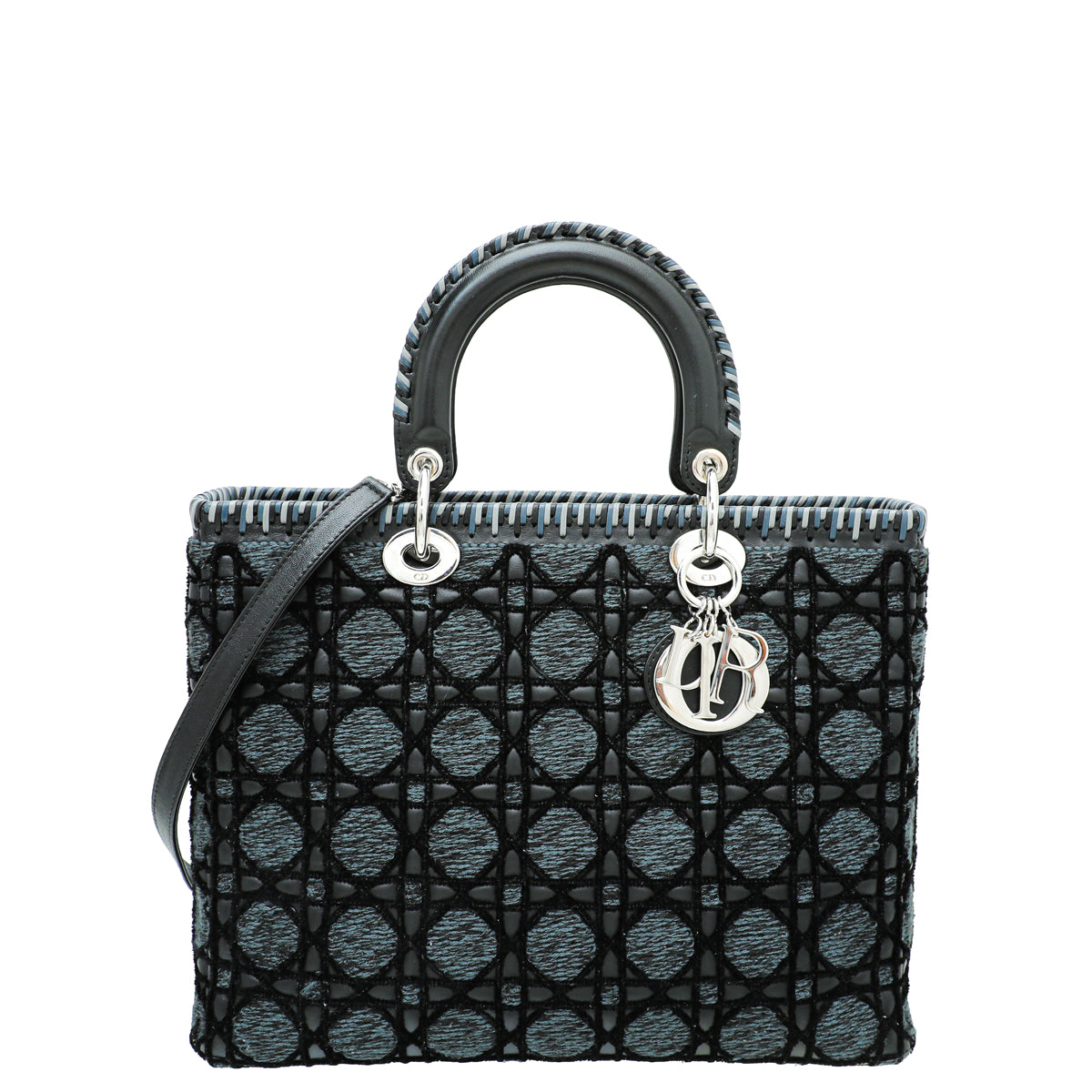 Christian Dior Black Tweed Velvet Whipstitch Lady Dior Large Bag-Christian Dior-THE CLOSET