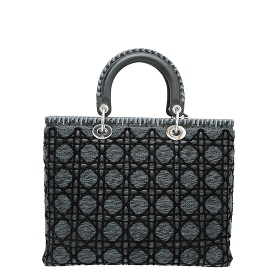 Christian Dior Black Tweed Velvet Whipstitch Lady Dior Large Bag