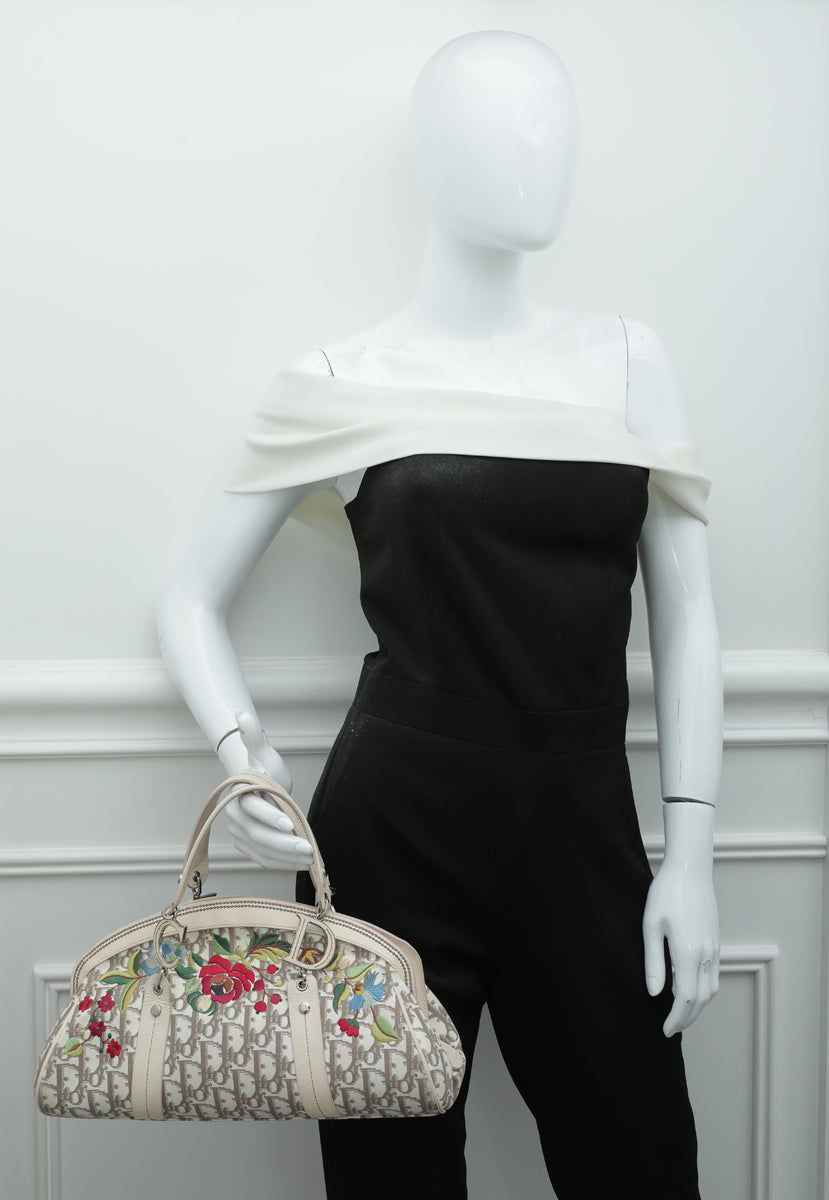 Christian Dior Beige Multicolor Diorissimo Embroidered Frame Tote Bag