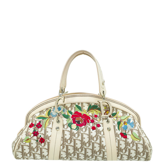 Christian Dior Beige Multicolor Diorissimo Embroidered Frame Tote Bag
