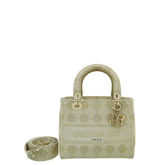 Christian Dior Gold Tone Lady Dior D-Lite Medium Bag