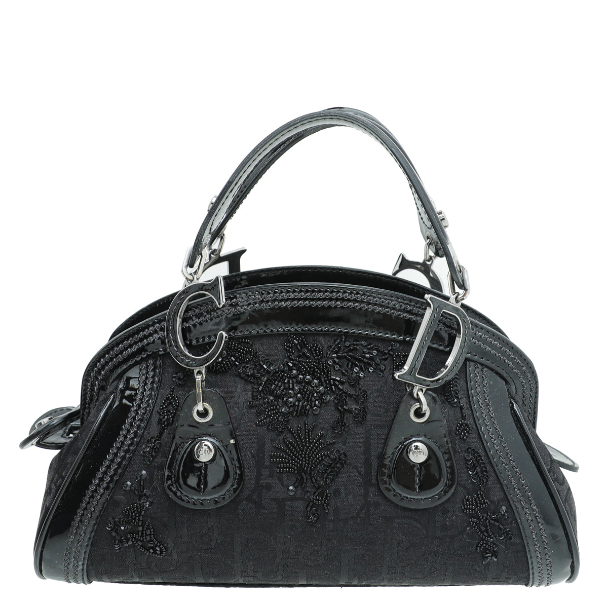 Christian Dior Black Oblique Diorissimo Embroidered Flower Satchel Bag
