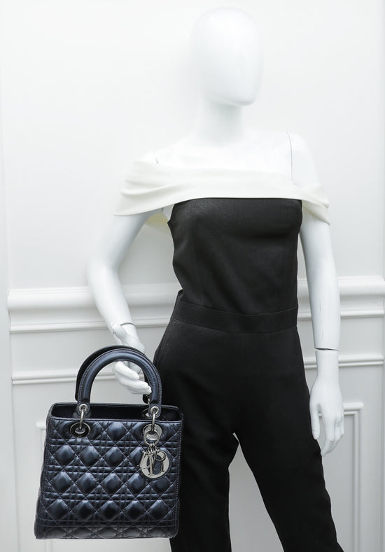 Christian Dior Navy Blue Lady Dior Pearly Medium Bag