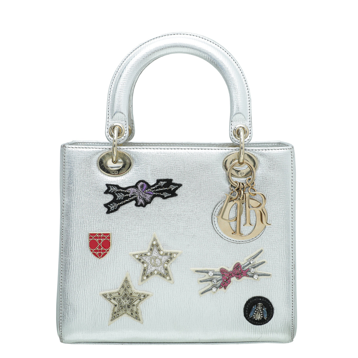 Christian Dior Metallic Silver Charm Appliques Lady Dior Medium Bag-Christian Dior-THE CLOSET
