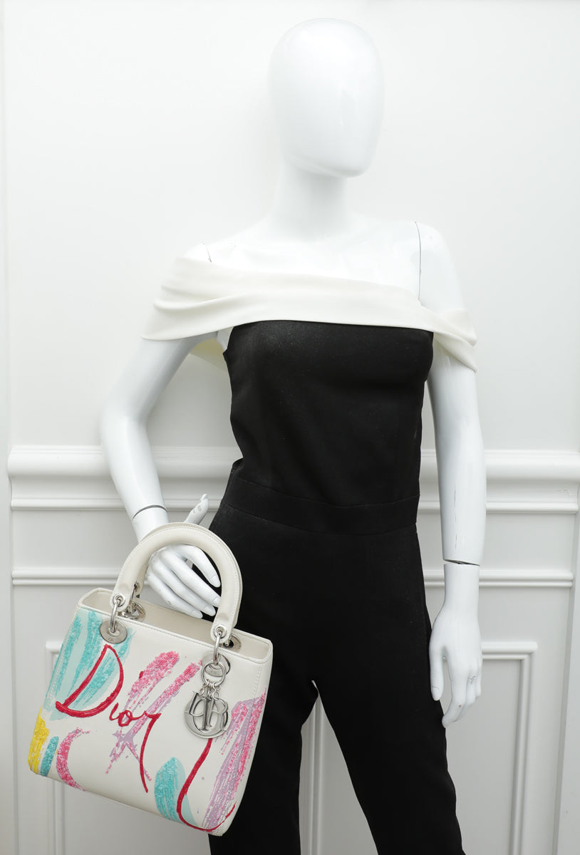 Christian Dior White Multicolor Lady Dior Embroidered Sequins Medium Bag-Christian Dior-THE CLOSET