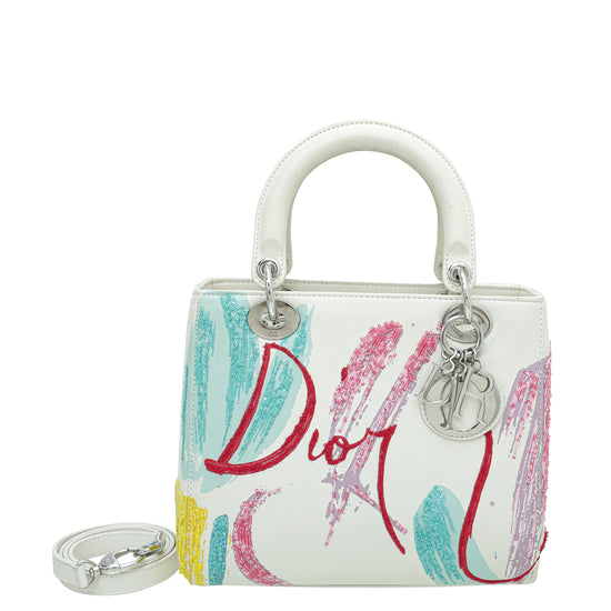 Christian Dior White Multicolor Lady Dior Embroidered Sequins Medium Bag