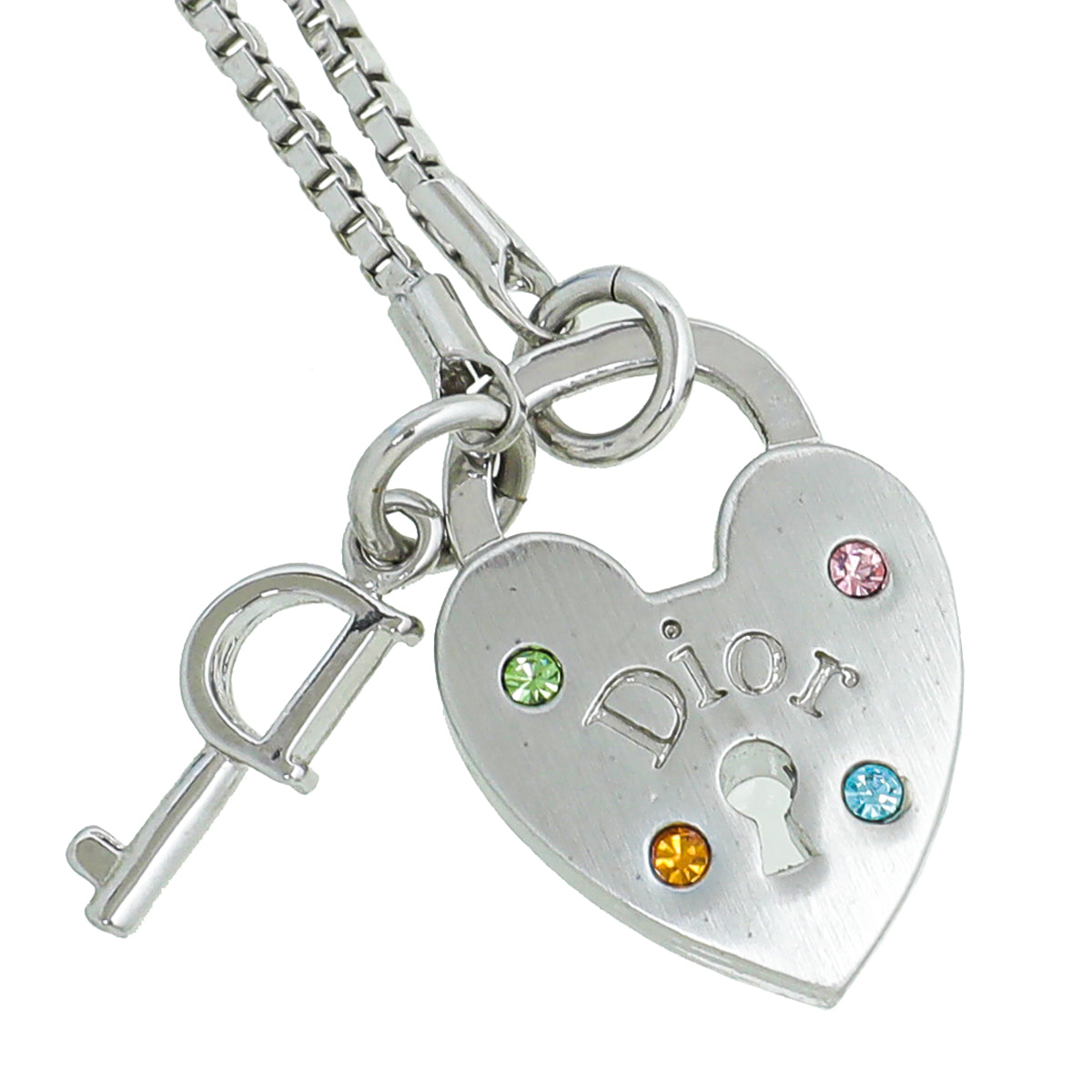 Christian Dior Silver Heart Lock And Key Crystal Necklace