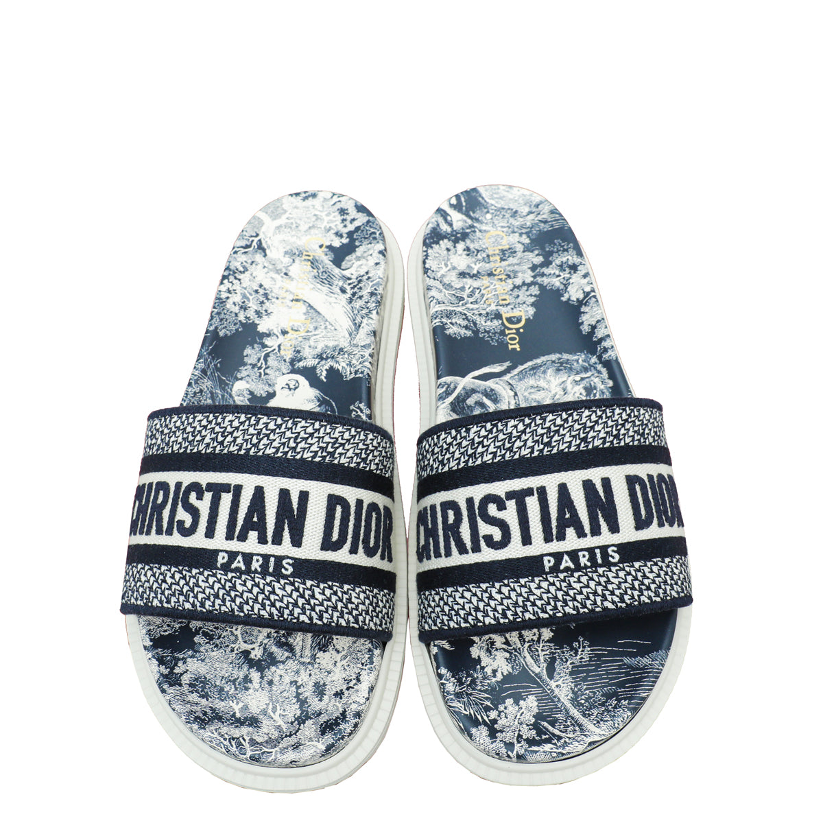 Christian Dior Navy Blue Dway Toile De Jouy Embroidered Flat Slide Sandals 36
