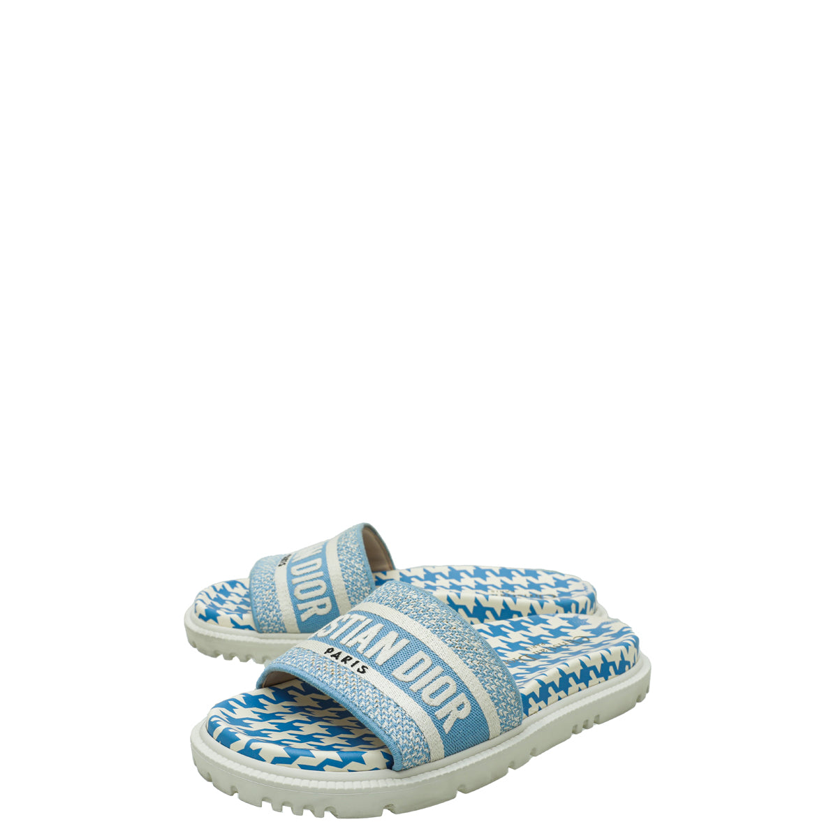 Christian Dior Cornflower Blue Houndstooth Embroidered Dway Slide 36.5-Christian Dior-THE CLOSET