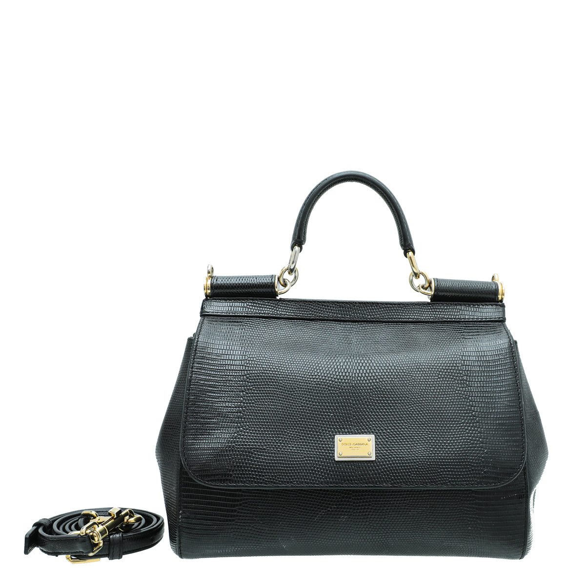 Dolce & Gabbana Black Iguana Print Sicily Medium Bag-Dolce & Gabbana-THE CLOSET