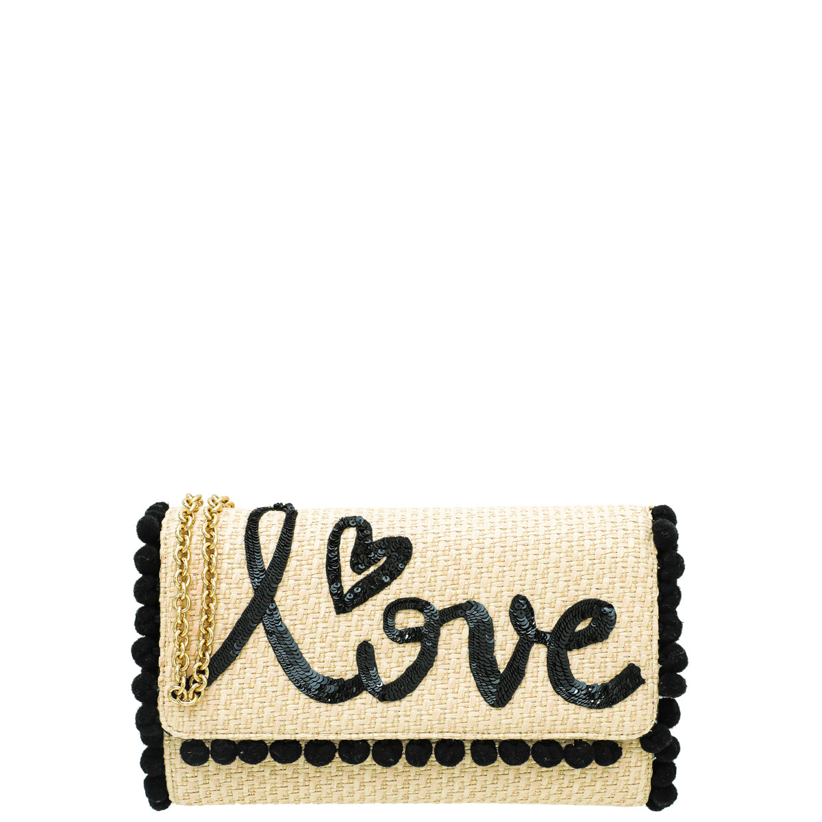 Dolce & Gabbana Bicolor Raffia "Love" Sequins Pom Pom Clutch Bag-Dolce & Gabbana-THE CLOSET