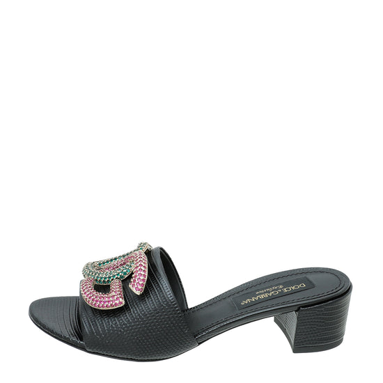 Dolce & Gabbana Black Iguana Print DG Crystal Slide Mules 37