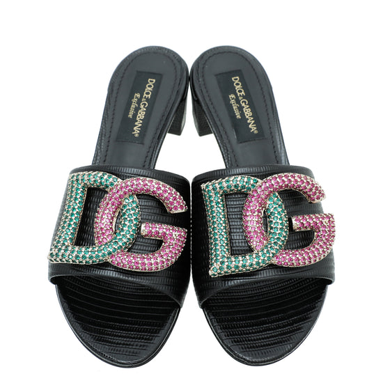 Dolce & Gabbana Black Iguana Print DG Crystal Slide Mules 37