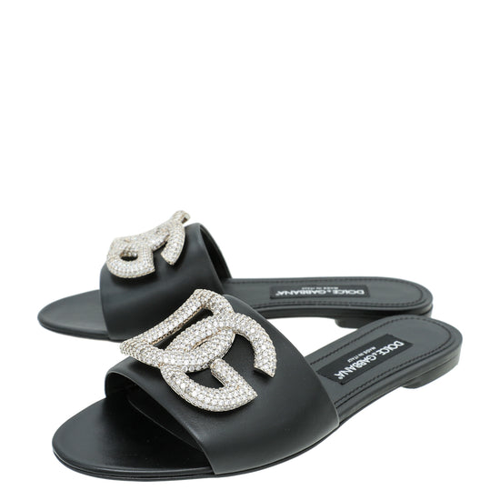 Dolce & Gabbana Black DG Crystal Logo Slide Sandal 39