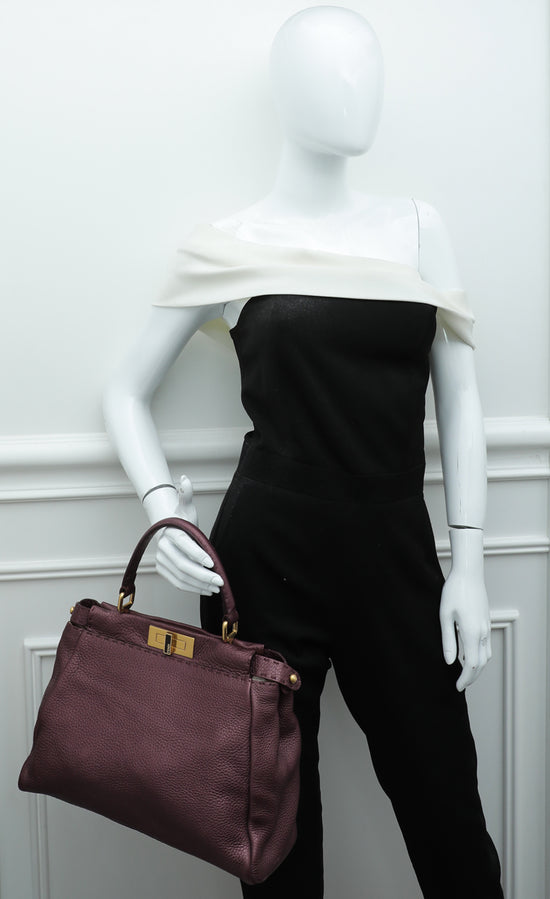 Fendi Metallic Burgundy Selleria Iconic Peekaboo Regular Bag