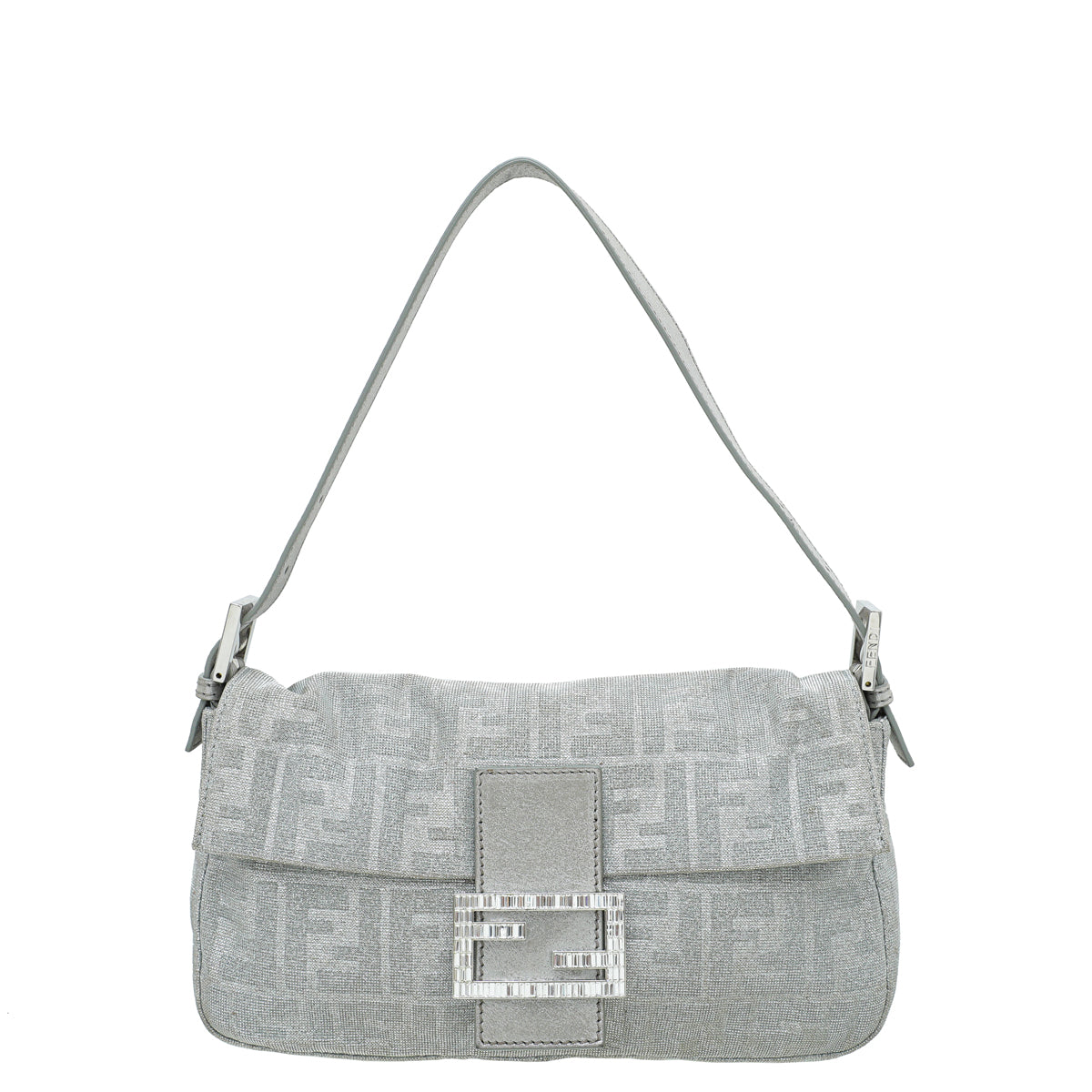 Fendi Silver Metallic Zucca Crystal Baguette Small Bag-Fendi-THE CLOSET