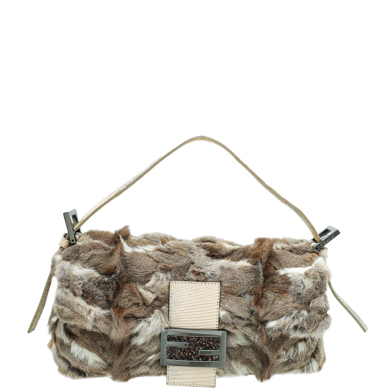 Fendi Bicolor Rabbit Fur Crystal Baguette Bag