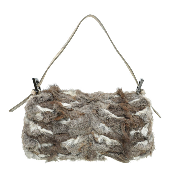 Fendi Brown Rabbit Fur Crystal Baguette Bag