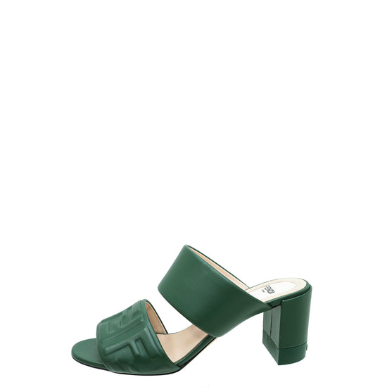 Fendi Green FF Embossed Slide Mules 38