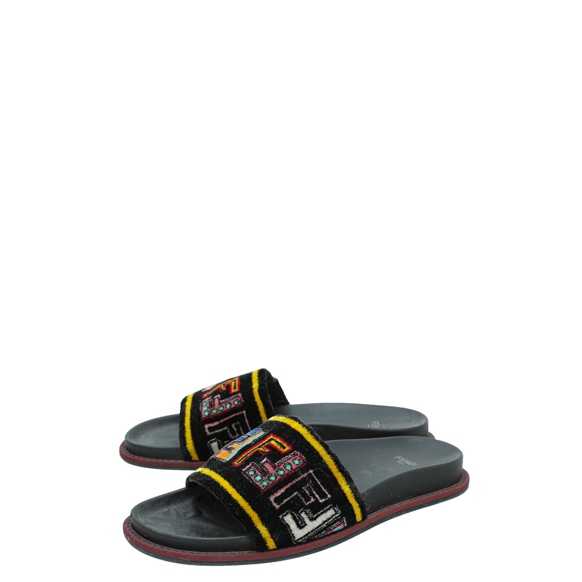 Fendi Black Multicolor FF Velvet Slide Sandal 39-Fendi-THE CLOSET
