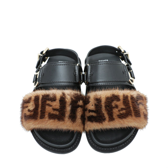 Fendi Bicolor FF Mink Fur Slide Sandal 37.5