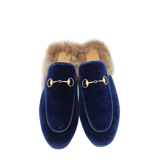 Gucci Blue Velvet Fur Princetown Mules 39.5