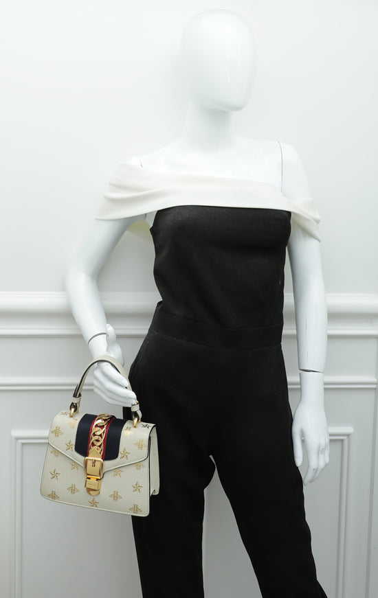 Gucci White Calfskin Mini Sylvie Bee Star Top Handle Bag, myGemma