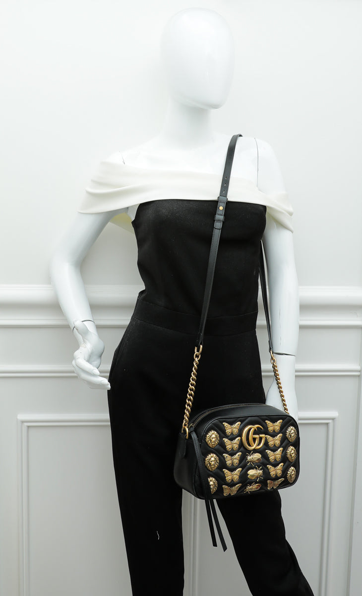 Gucci Black GG Marmont Animal Studs Small Shoulder Bag