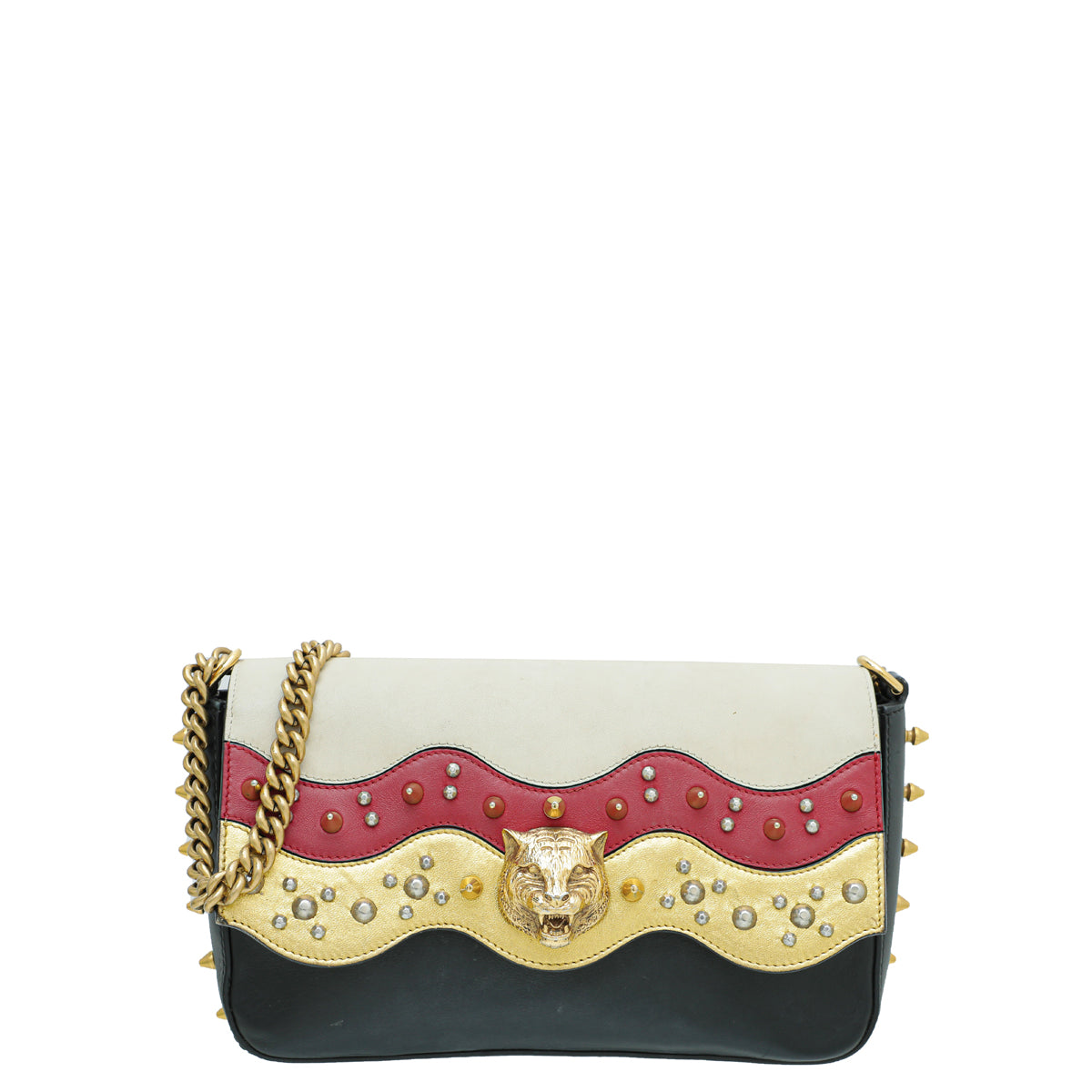 Gucci Black Multicolor Animalier Studded Chain Medium Shoulder Bag-Gucci-THE CLOSET