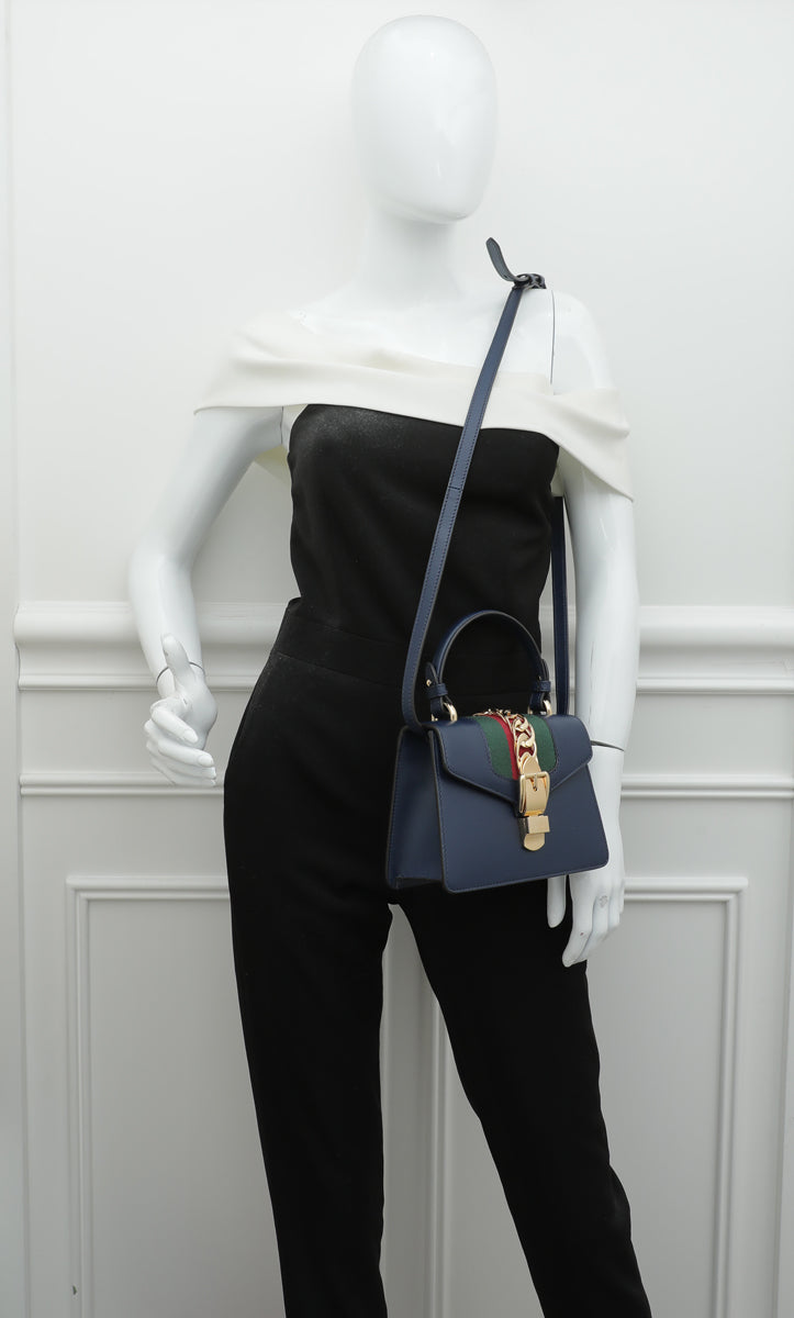 Gucci Navy Blue Sylvie Mini Top Handle Bag