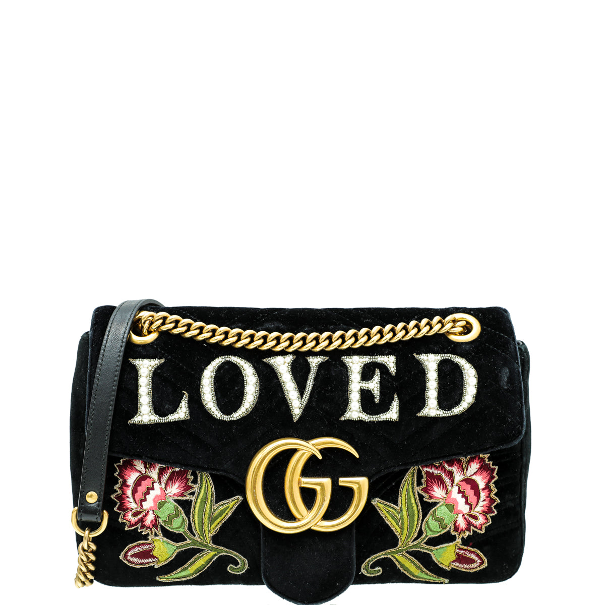 Gucci Black Multicolor Velvet "LOVED" Floral Embroidered GG Marmont Medium Bag-Gucci-THE CLOSET