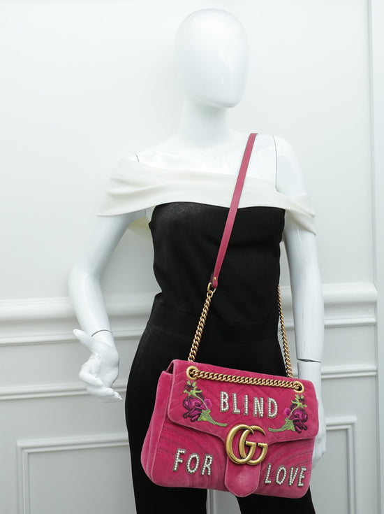 Gucci Blind for Love Pink Velvet Handbag Bag Marmont GG Gold Italy New