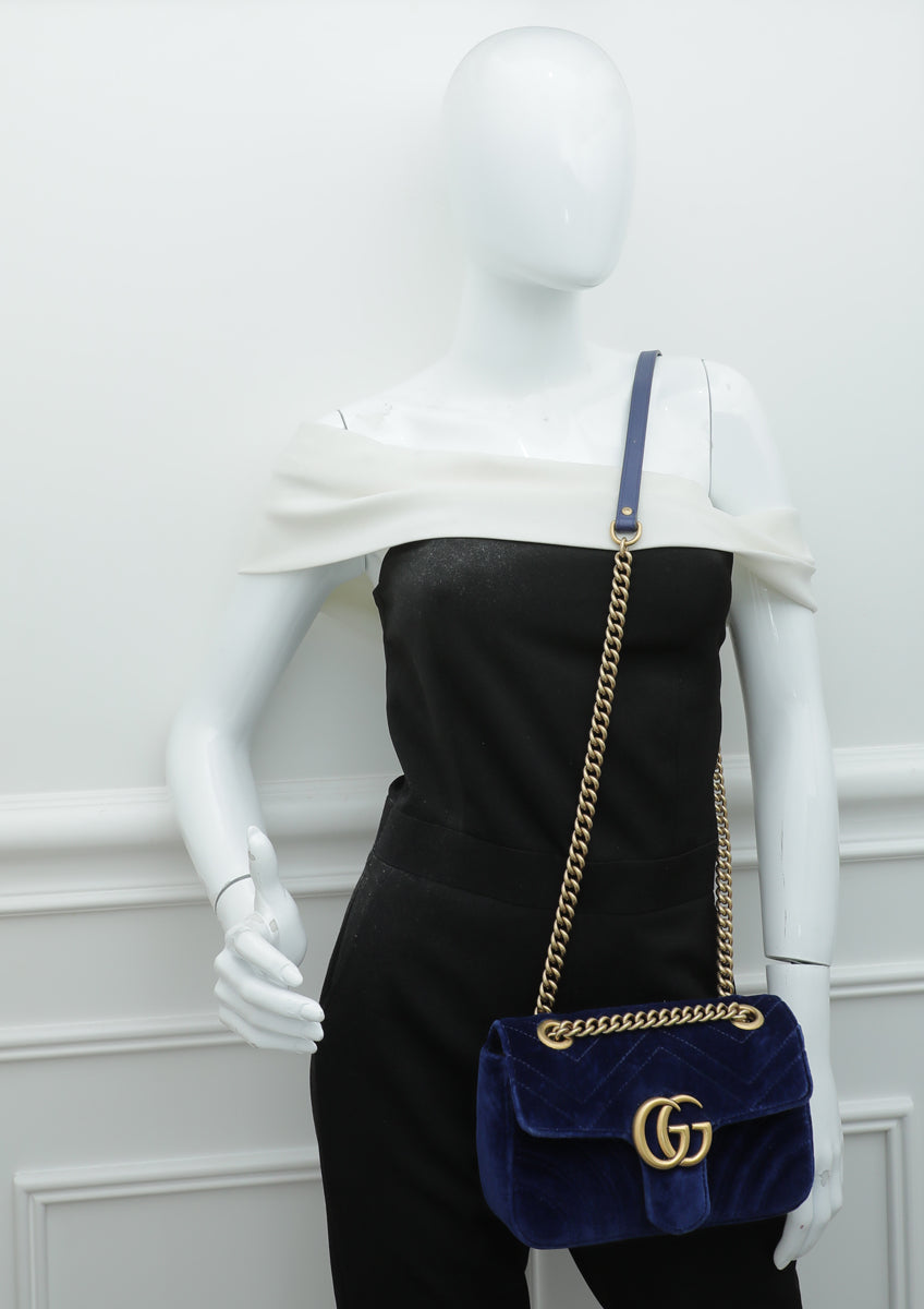 Gucci Blue GG Velvet Marmont Mini Shoulder Bag