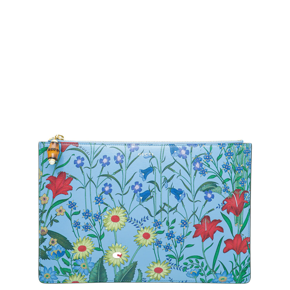 Gucci Blue Multicolor Bamboo New Flora Zip Pouch-Gucci-THE CLOSET