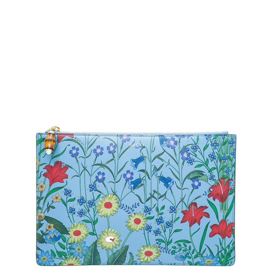 Gucci Blue Multicolor Bamboo New Flora Zip Pouch