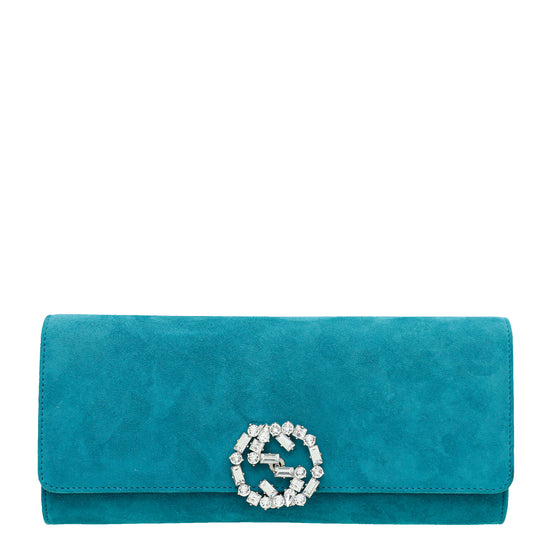 Gucci Turquoise Suede Broadway Jeweled Clutch