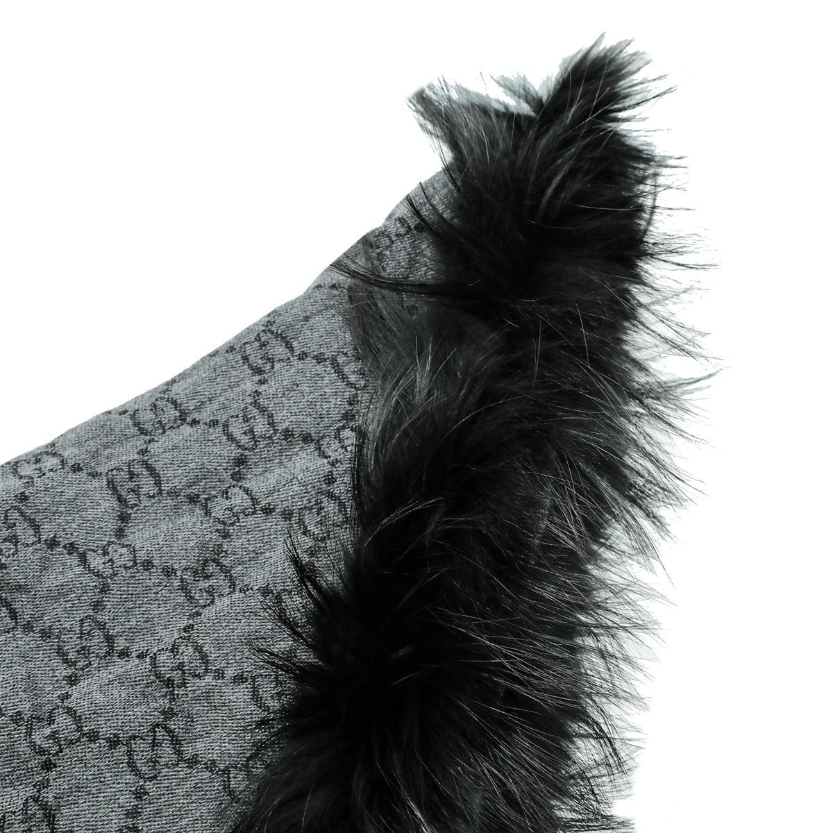 Gucci Black Wool Silk Fox Fur Monogram Shawl