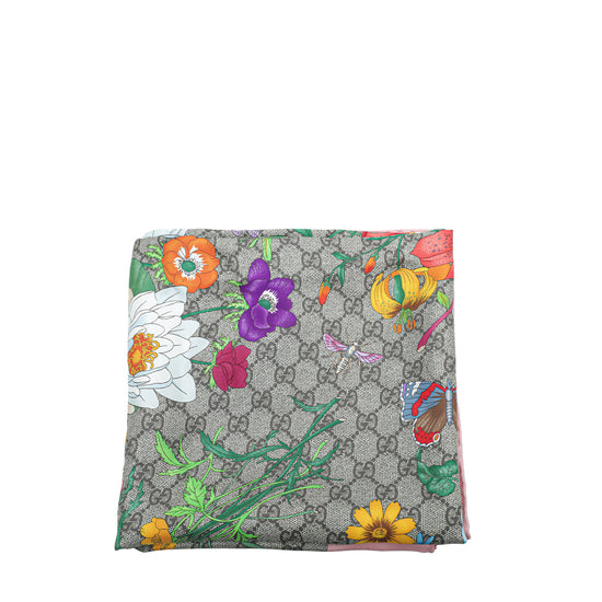 Gucci Ebony Multicolor GG Flora Print Silk Scarf