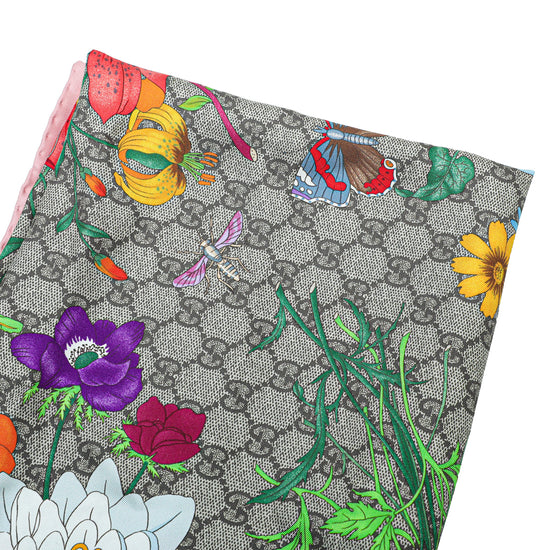 Gucci Ebony Multicolor GG Flora Print Silk Scarf