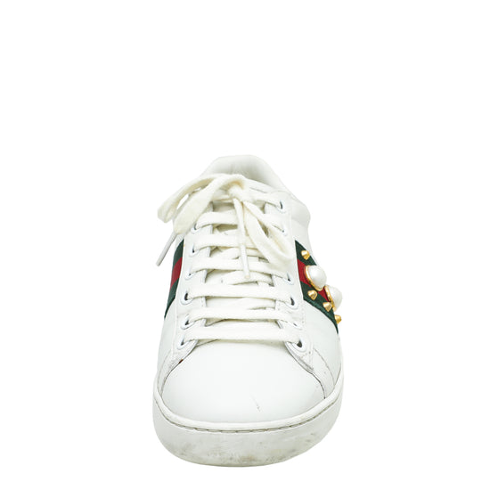 Gucci White Ace Web Pearl Stud Sneaker 36