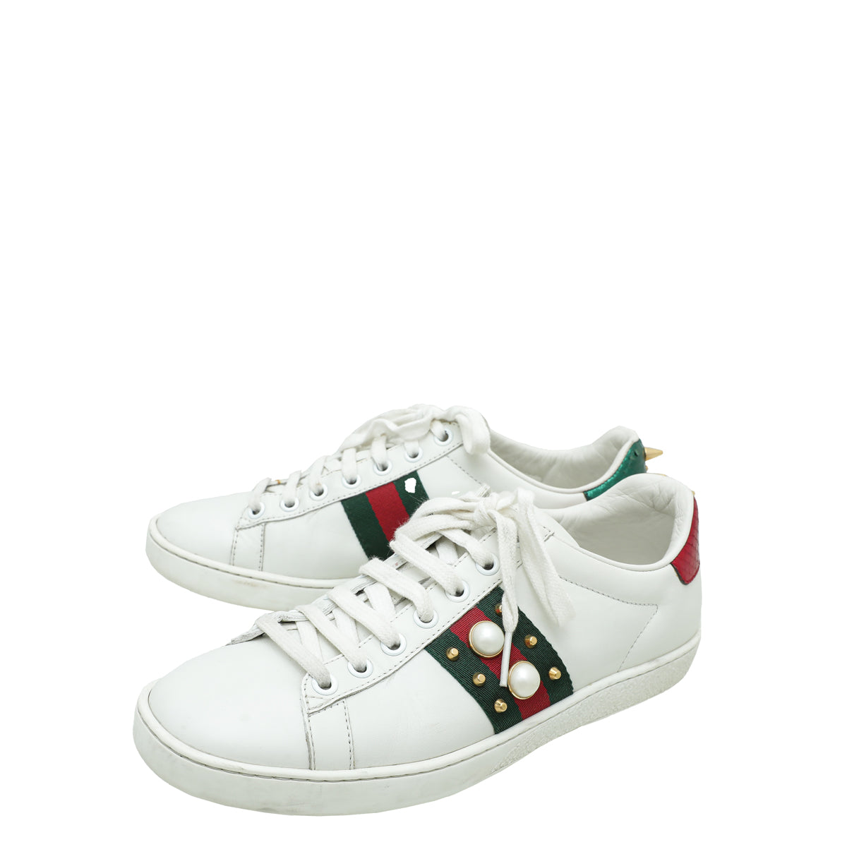 Gucci White Ace Web Pearl Studs Sneaker 37-Gucci-THE CLOSET