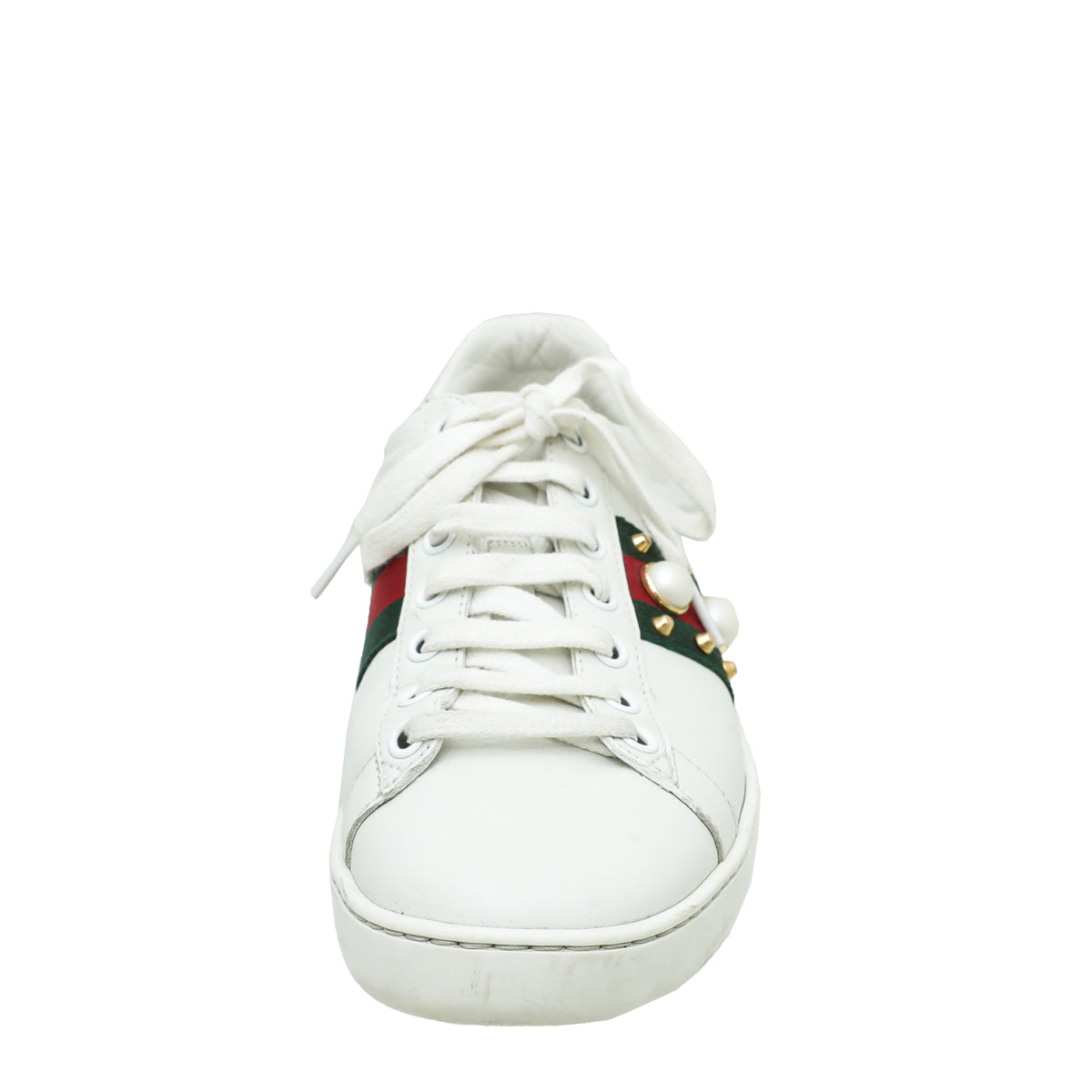 Gucci White Ace Web Pearl Studs Sneaker 37-Gucci-THE CLOSET