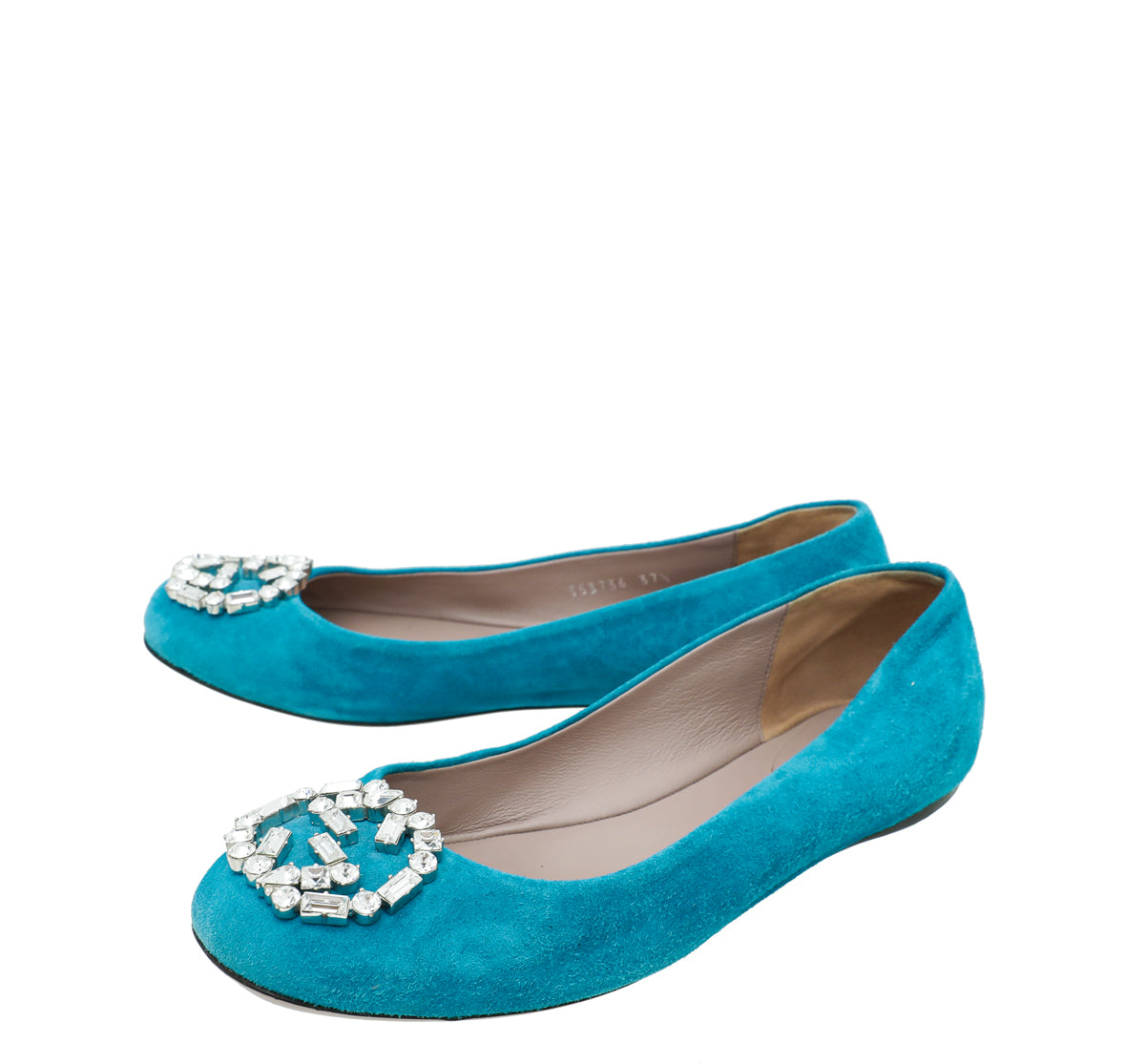 Gucci Turquoise Suede GG Crystal Ballerina 37.5