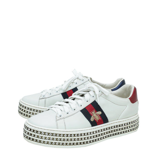 Gucci White Crystal Platform Ace Bee Sneakers 37 THE CLOSET